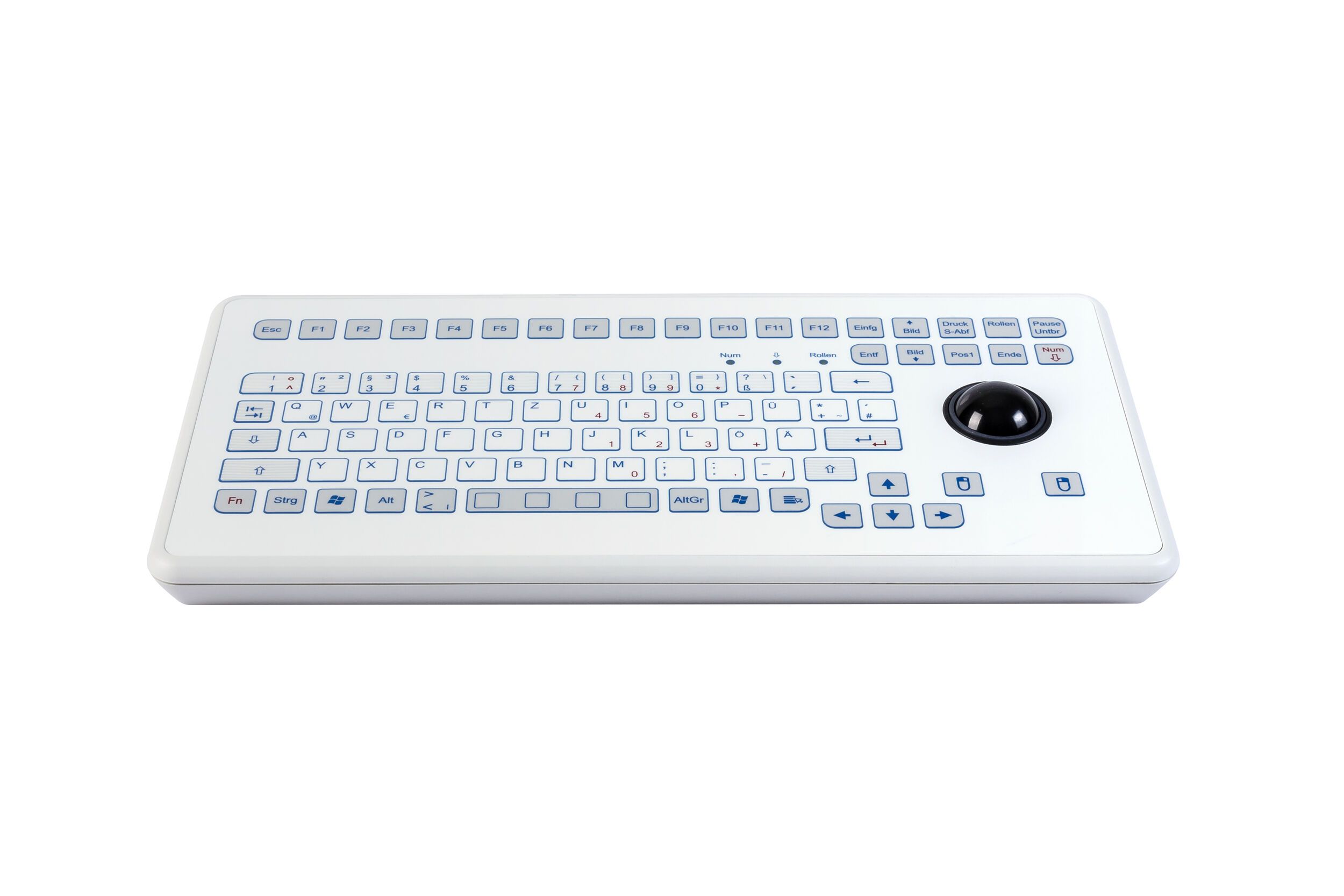 Foil covered keyboard with a trackball, white, frontview