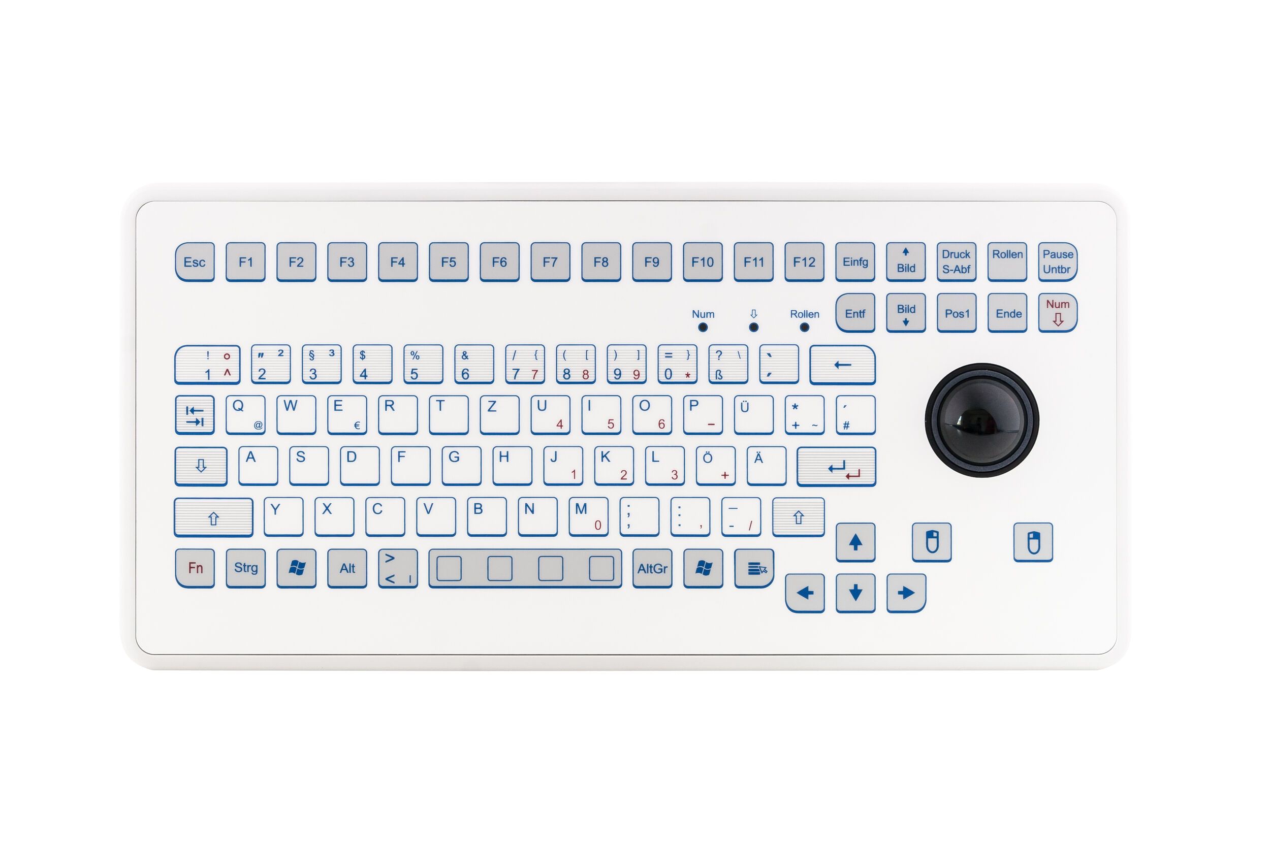 Foil covered keyboard with a trackball, white, frontview